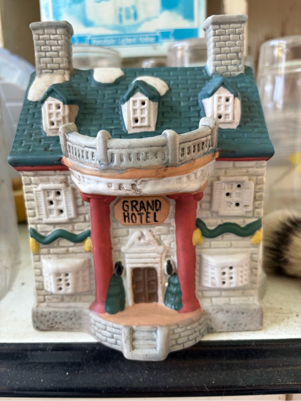 Grand Hotel Decorative Ceramic House - Teal Roof, Red Columns